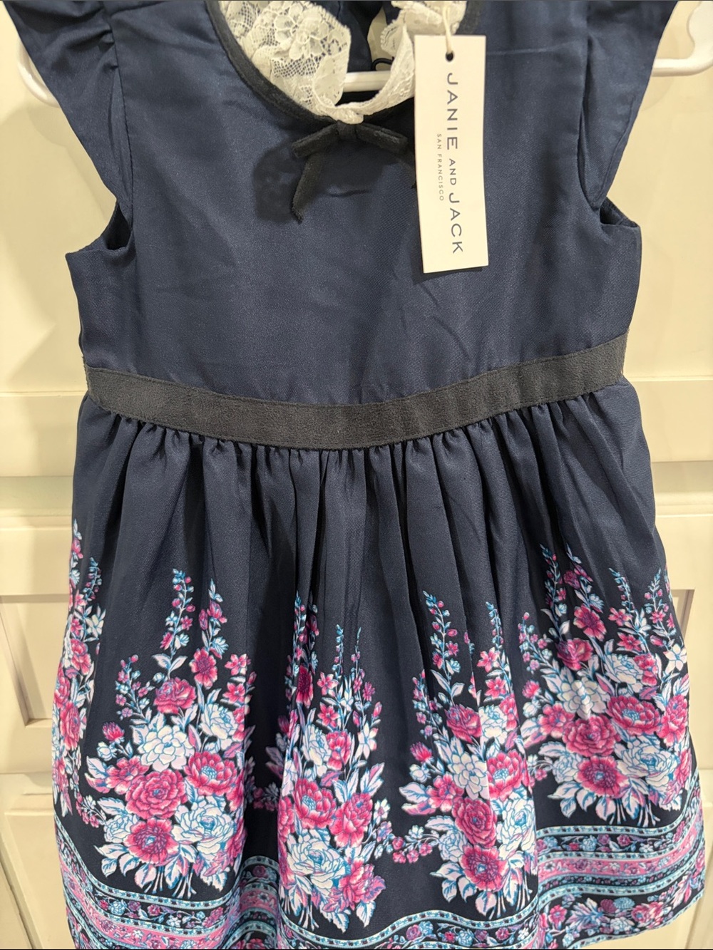 Janie and Jack Navy Dress with Pink and White Floral Border